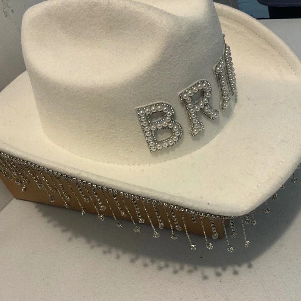 White Bride Cowboy Hat Pearl Rhinestone Fringe Bachelorette Party Western Felt